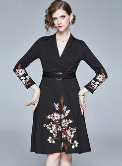 Black Embroidered A Line Dress With Belt