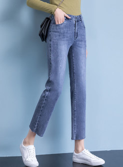 High Waisted Fringed Selvedge Straight Jeans
