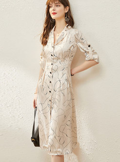 Notched Asymmetric Pattern Silk A Line Dress