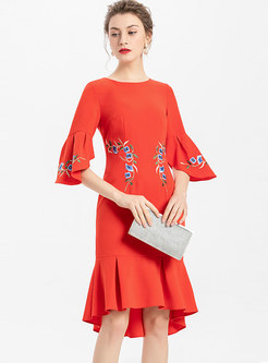 Flare Sleeve Embroidered Cocktail Peplum Dress