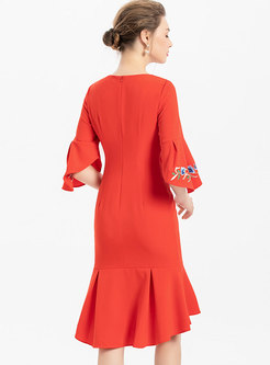 Flare Sleeve Embroidered Cocktail Peplum Dress