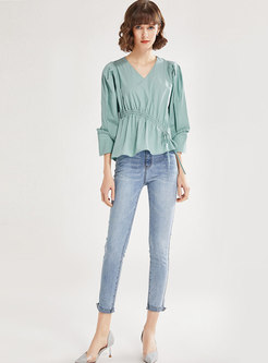 V-neck Pullover Drawcord Loose Blouse