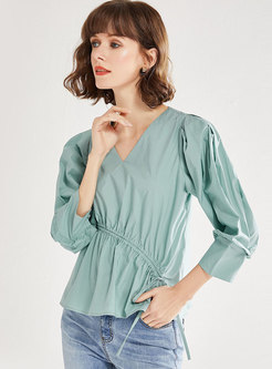 V-neck Pullover Drawcord Loose Blouse