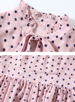 Pink Mock Neck Polka Dot A Line Dress