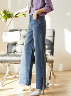 High Waisted Fringed Selvage Slit Palazzo Jeans