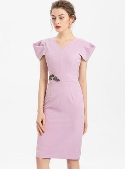 Solid Color V-neck Beaded Cocktail Dress