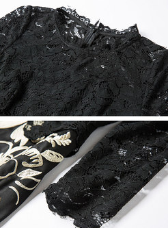 Black Openwork Lace Embroidered A Line Dress