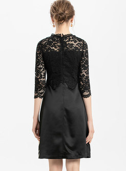 Black Openwork Lace Embroidered A Line Dress