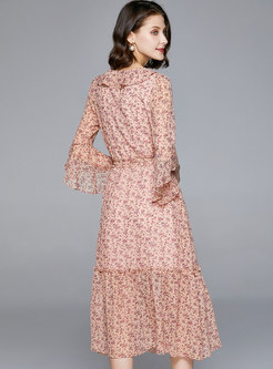 Half Sleeve Falbala Floral Midi Dress