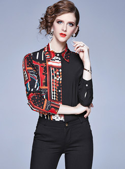 Lapel Print Single-breasted Loose Blouse