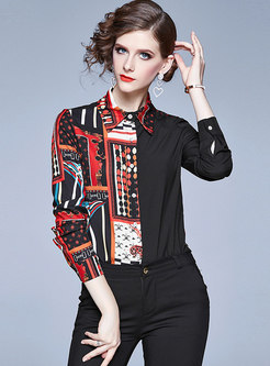 Lapel Print Single-breasted Loose Blouse