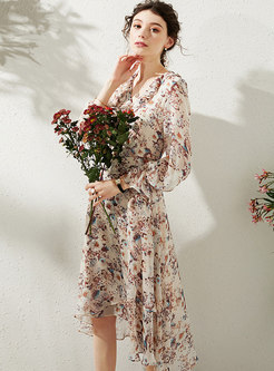Long Sleeve Floral Asymmetric Midi Dress