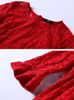 Crew Neck High Waisted Openwork Lace Dress