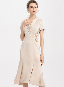 Short Sleeve Beading Peplum Cocktail Dress
