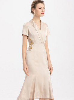 Short Sleeve Beading Peplum Cocktail Dress