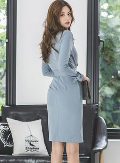Long Sleeve Belted Double-breasted Work Dress