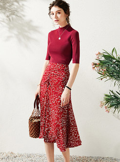 Red Half Sleeve Floral A Line Suit Dress
