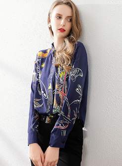 Mock Neck Print Single-breasted Blouse