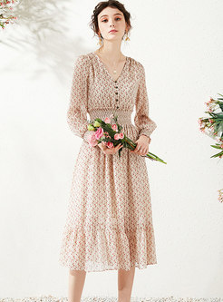 V-neck Long Sleeve Floral Chiffon Dress