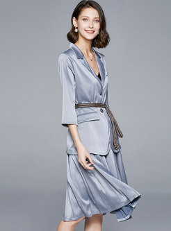 Solid Color Notched A Line Pleated Suit Dress