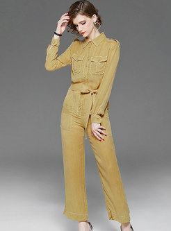 Turn Down Collar Wide Pants Jumpsuit