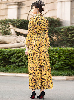 Yellow Leopard Mock Neck Chiffon Maxi Dress