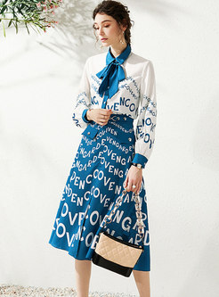 Color-blocked Letter Print Chiffon Suit Dress
