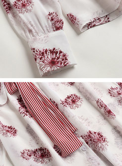 Lapel Bowknot Ribbon Print Silk Blouse