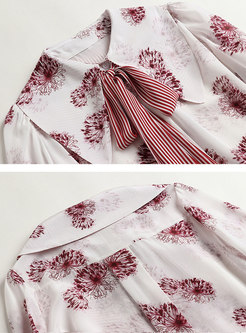 Lapel Bowknot Ribbon Print Silk Blouse