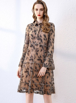 Flare Sleeve Lace Embroidered A Line Dress