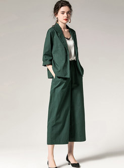 Notched Loose Wide Leg Cropped Pant Suits