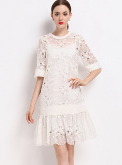 Lace Openwork Ruffle Dress With Camisole