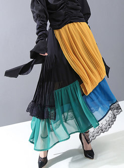 Color-blocked Patchwork Chiffon Maxi Skirt