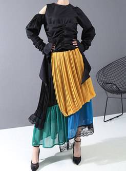 Color-blocked Patchwork Chiffon Maxi Skirt