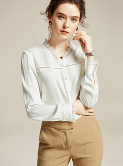 Lace Patchwork Button-front Silk Blouse