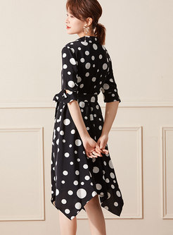 Polka Dot Belted Asymmetric Dress