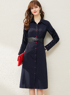 Long Sleeve A Line Belted Dress With Buttons