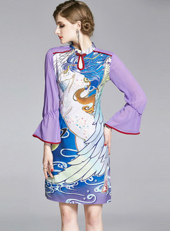Mock Neck Print Bodycon Improved Cheongsam Dress