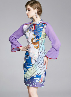 Mock Neck Print Bodycon Improved Cheongsam Dress