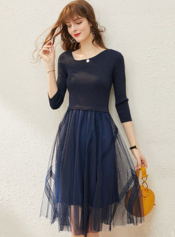 Solid Color Knit Mesh Patchwork Dress