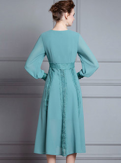 Lace Patchwork Chiffon A Line Midi Dress