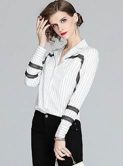 Lace Openwork Patchwork Striped Blouse