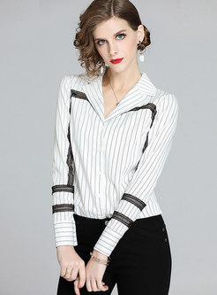 Lace Openwork Patchwork Striped Blouse