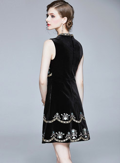 Black Embroidered Sleeveless Mini Skater Dress