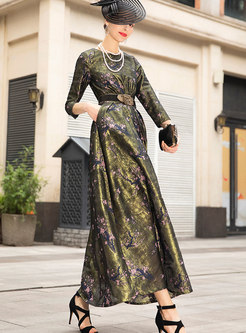Jacquard Belted Big Hem Formal Maxi Dress