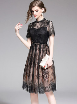Black Transparent Lace Mesh Skater Dress