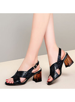 Square Toe Leather Chunky Heel Sandals