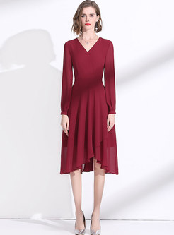 Wine Red V-neck Chiffon Asymmetric Dress