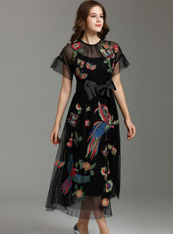 Black Mesh Embroidered Party Maxi Dress