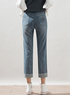 High Waisted Embroidered Straight Jeans